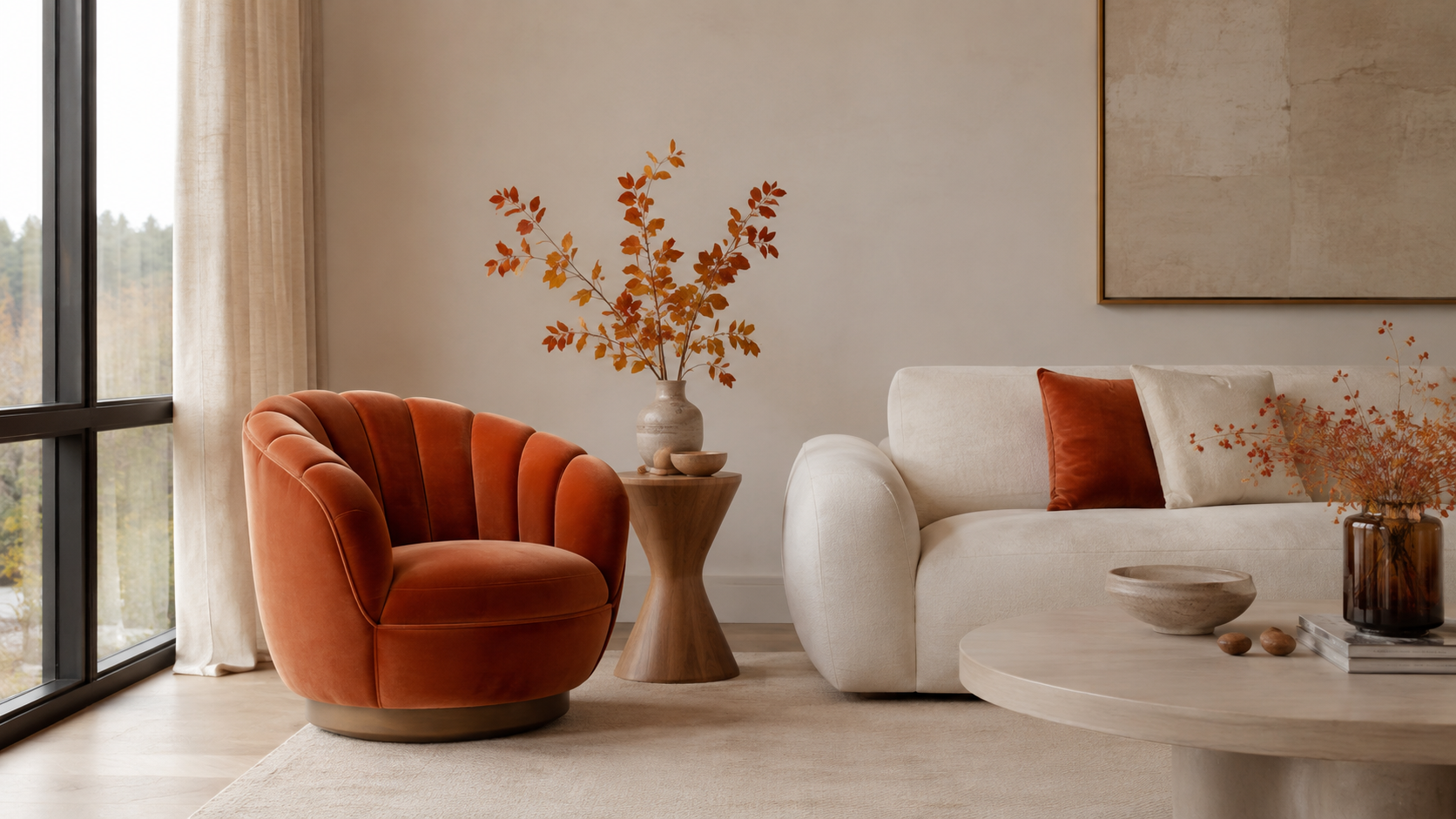 Neutral cream living room featuring one sculptural persimmon accent chair as the focal point